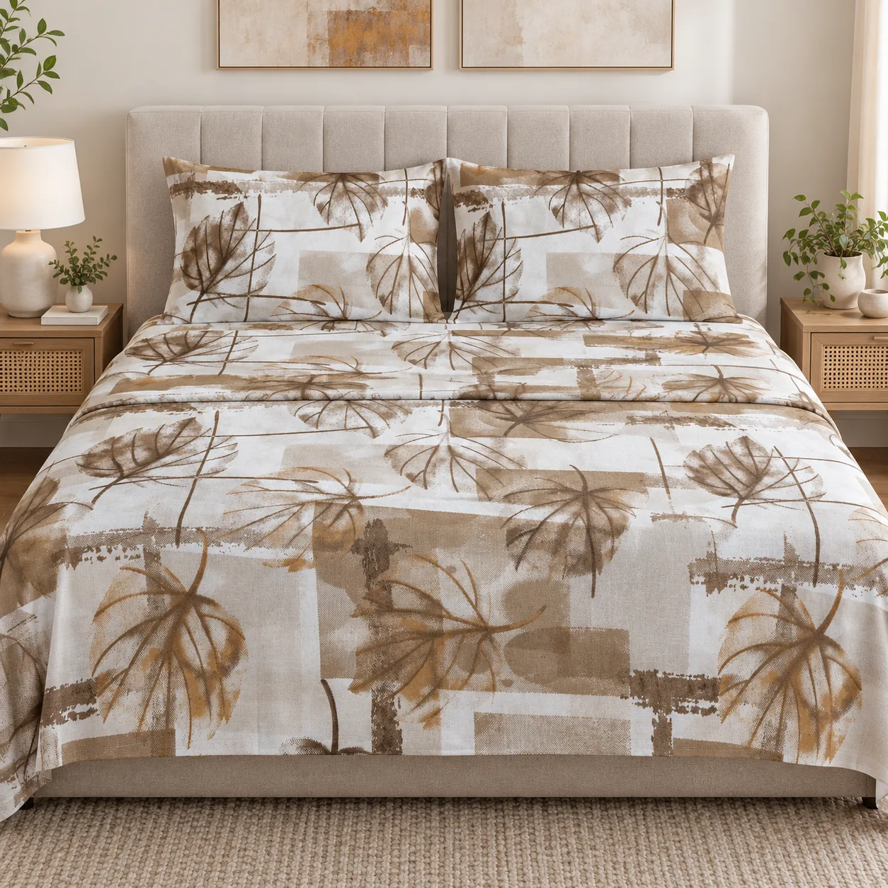 100% Pure Cotton Bedsheet – Beige & Brown Botanical Print